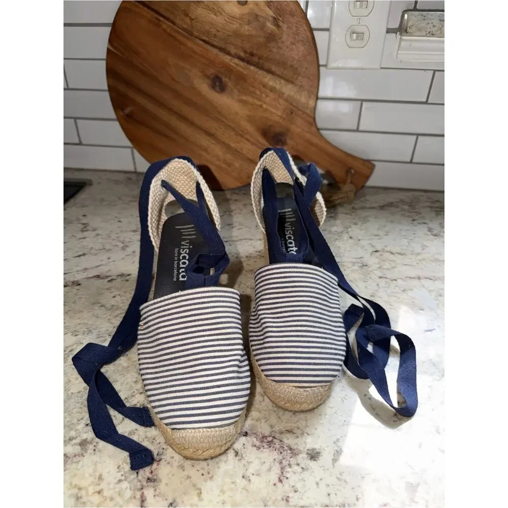 Viscata Spain $140 Striped Navy and White Escala Espadrille Lace-Up EU39 US8 EUC